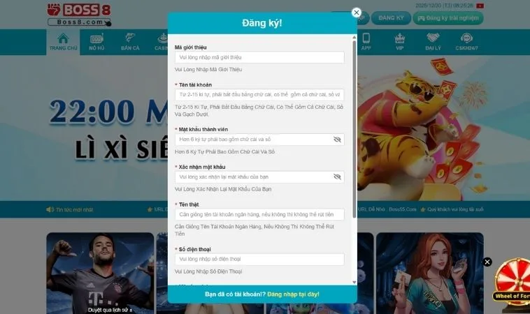 Giao diện đăng ký Boss8