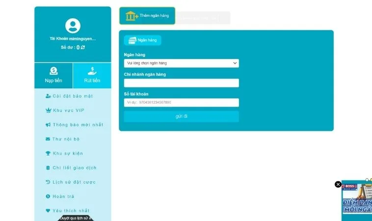 Giao diện rút tiền Boss8